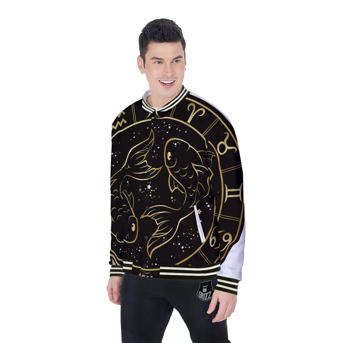 Pisces Sign Black And Gold Print Baseball Jacket-grizzshop