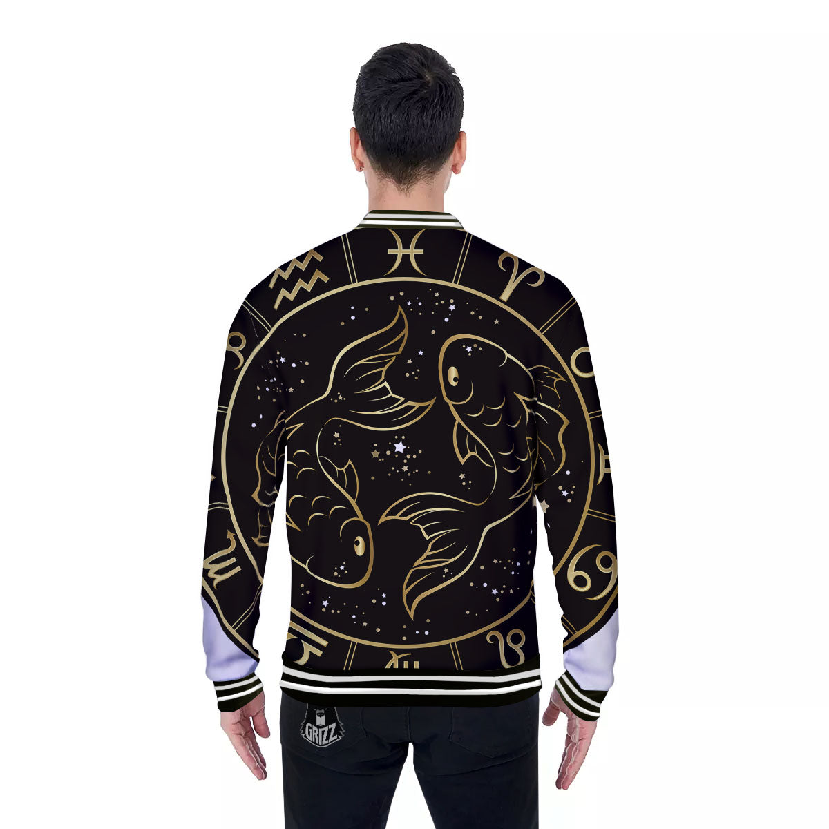 Pisces Sign Black And Gold Print Baseball Jacket-grizzshop