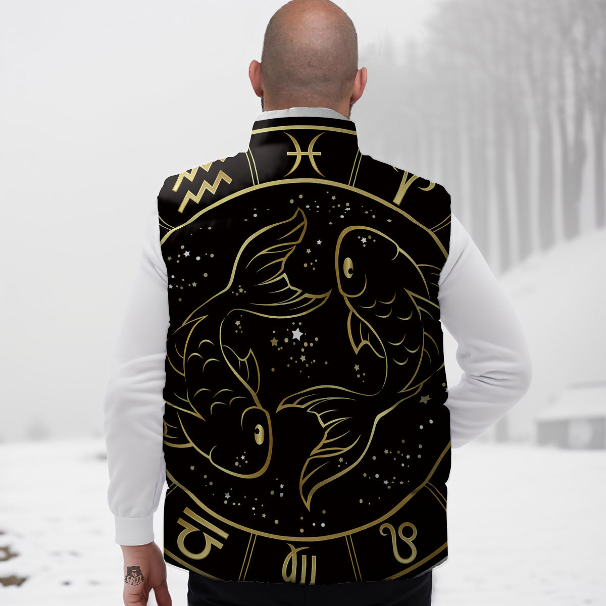 Pisces Sign Black And Gold Print Down Vest