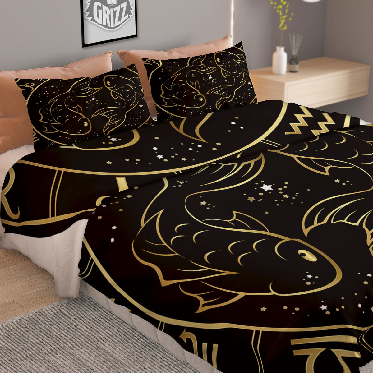 Pisces Sign Black And Gold Print Duvet Cover Bedding Set
