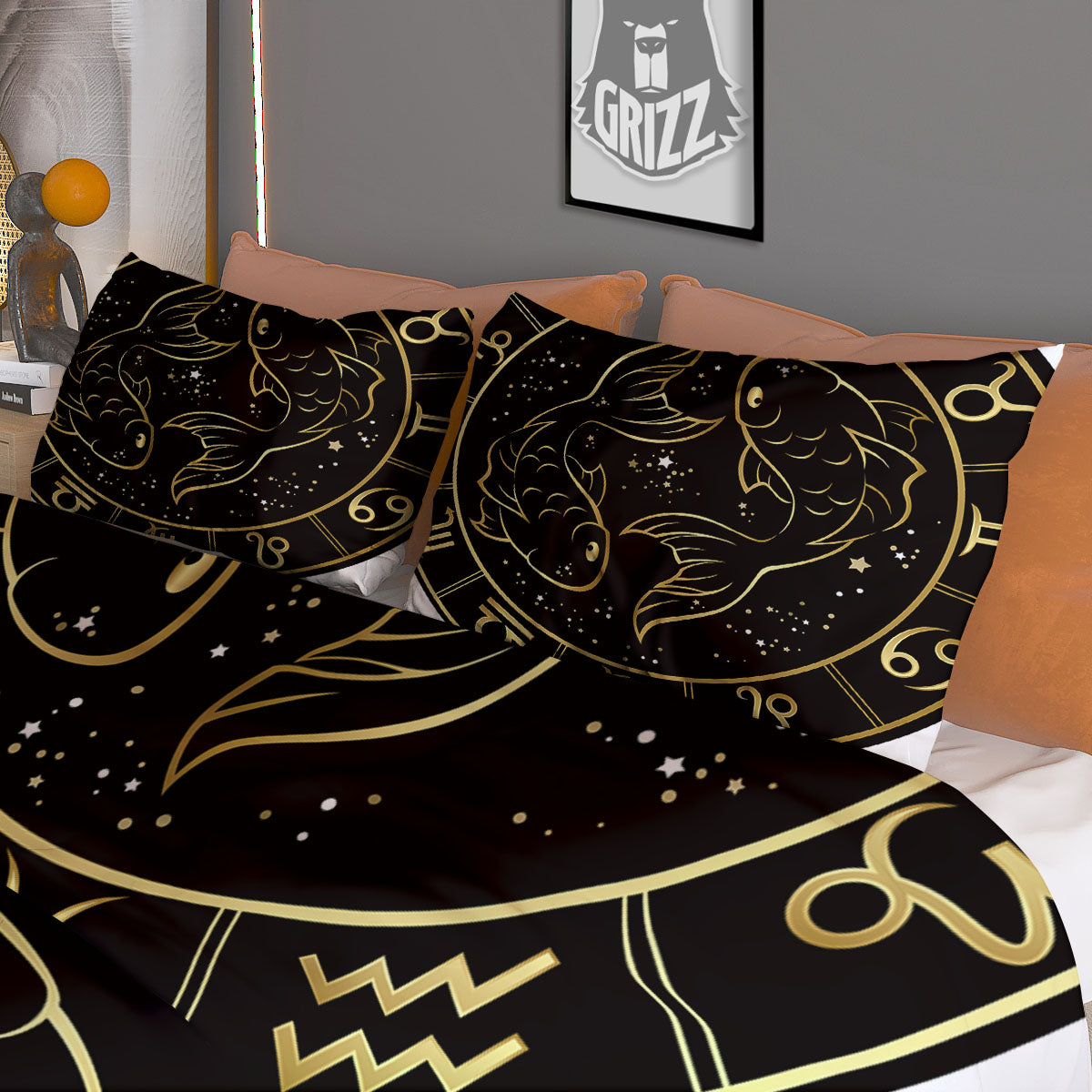 Pisces Sign Black And Gold Print Duvet Cover Bedding Set