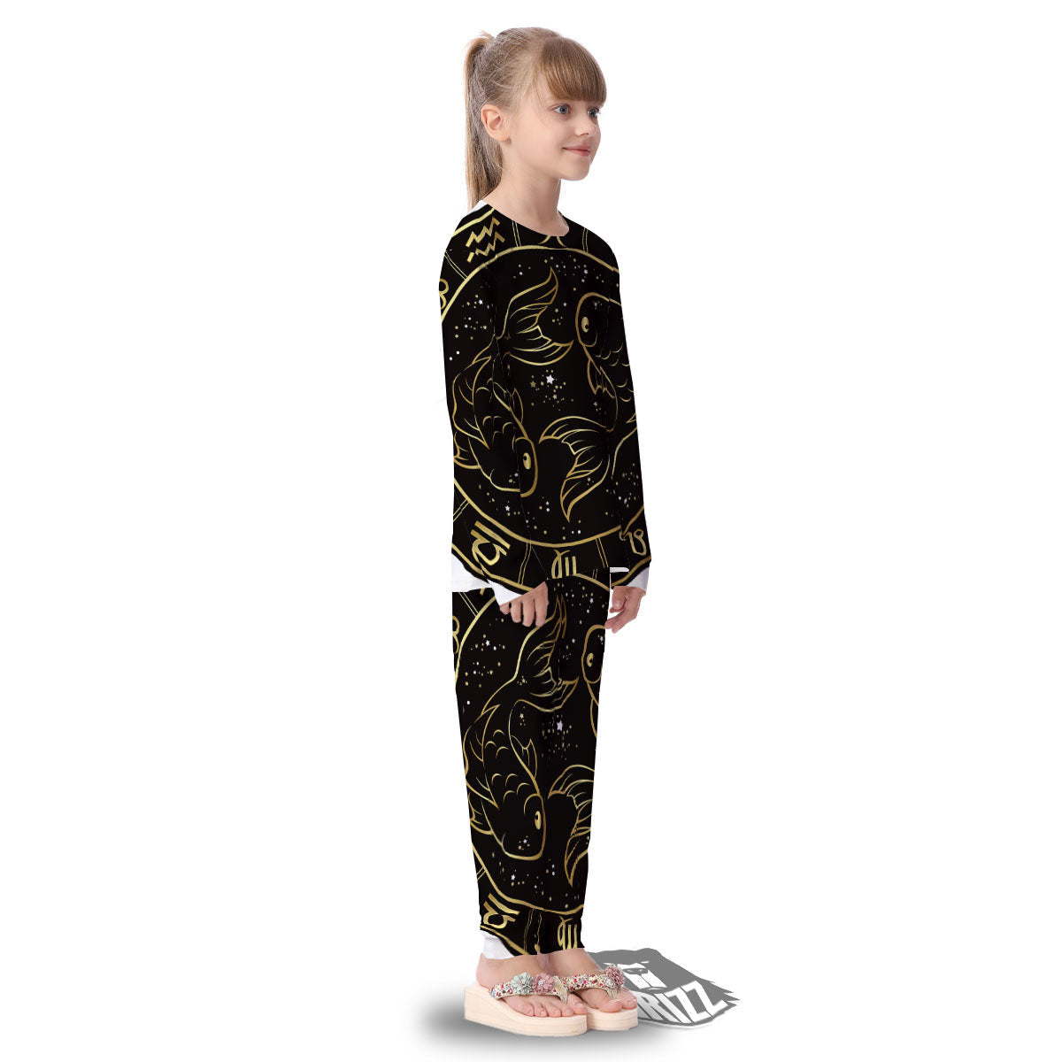 Pisces Sign Black And Gold Print Kid's Pajamas-grizzshop