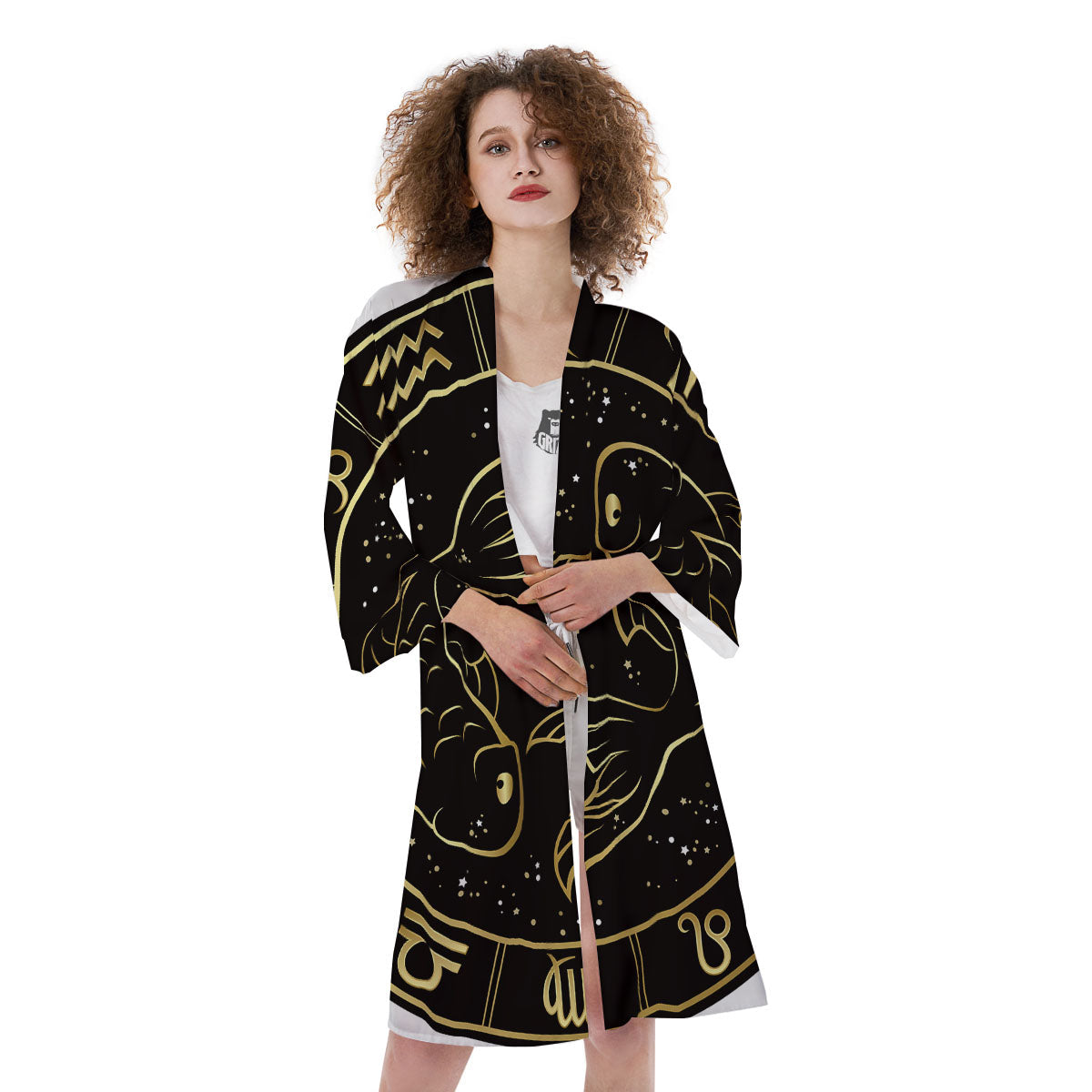 Pisces Sign Black And Gold Print Kimono-grizzshop
