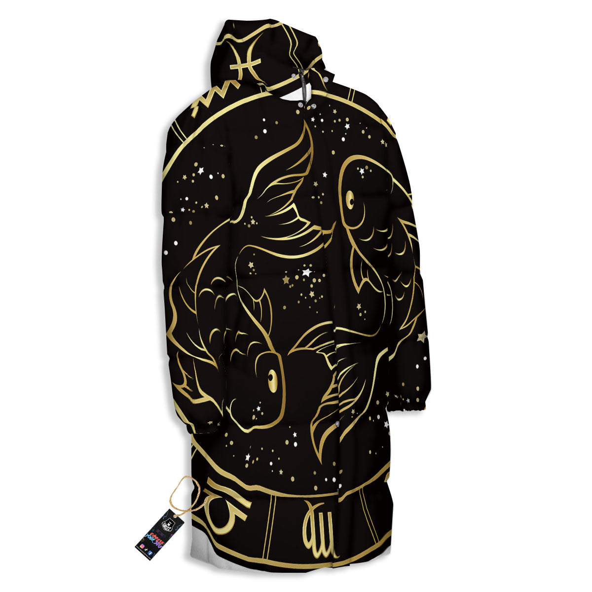 Pisces Sign Black And Gold Print Long Down Jacket-grizzshop