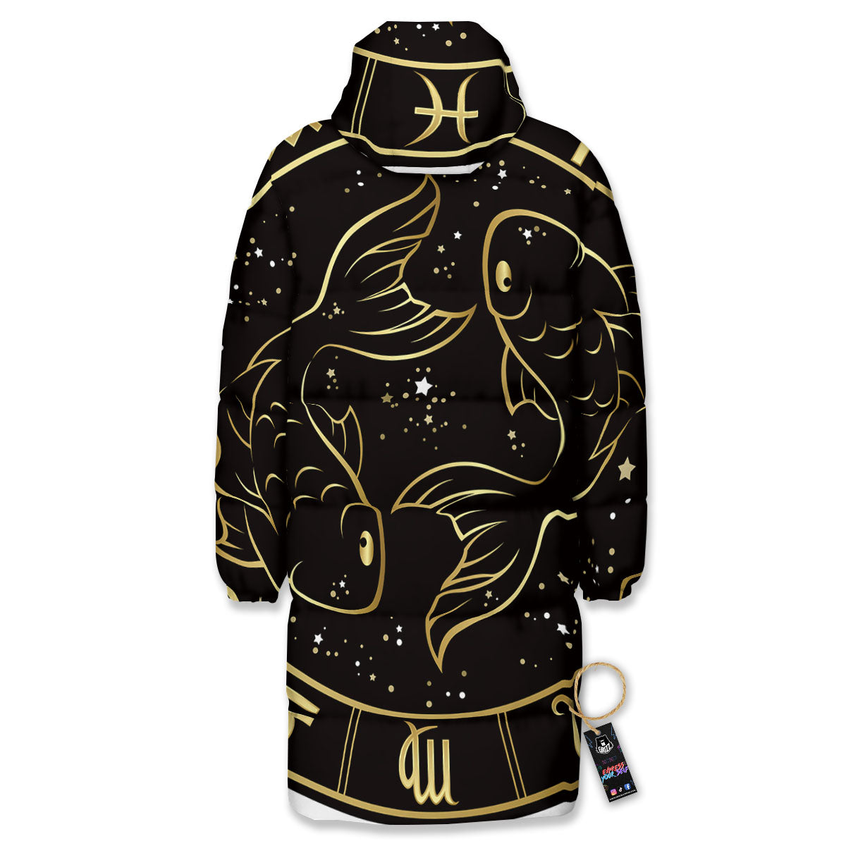 Pisces Sign Black And Gold Print Long Down Jacket-grizzshop