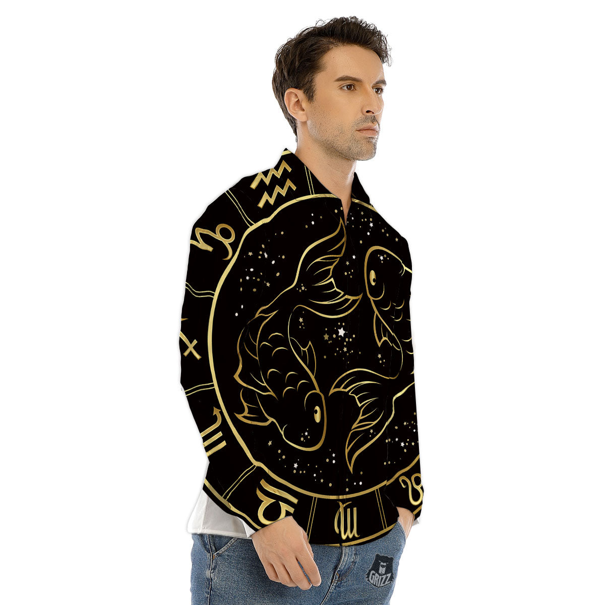 Pisces Sign Black And Gold Print Men's Dress Shirts-grizzshop
