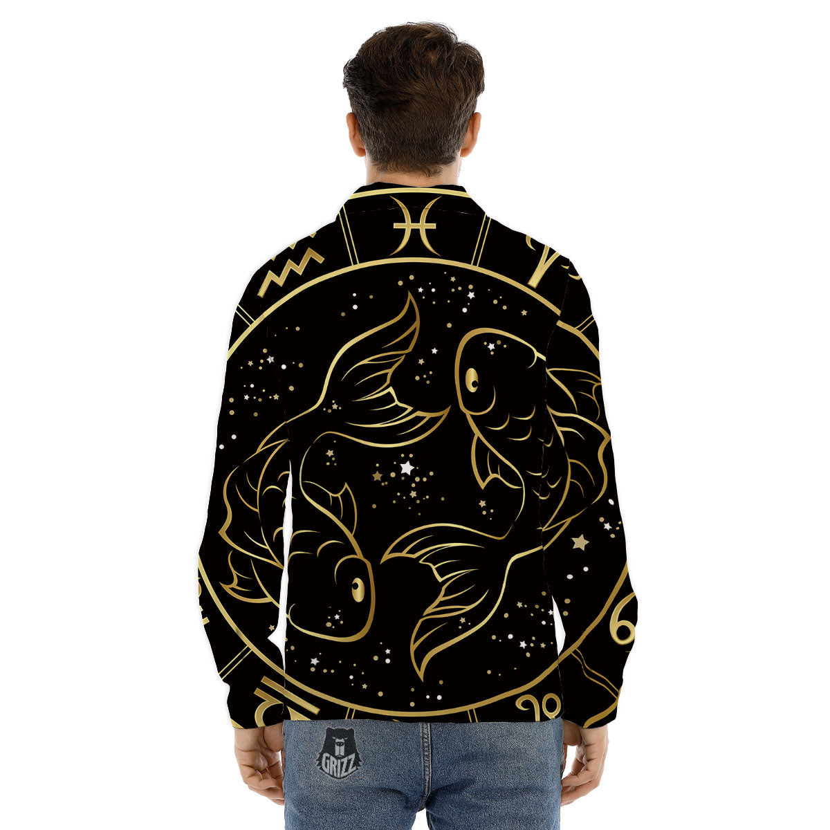 Pisces Sign Black And Gold Print Men's Dress Shirts-grizzshop