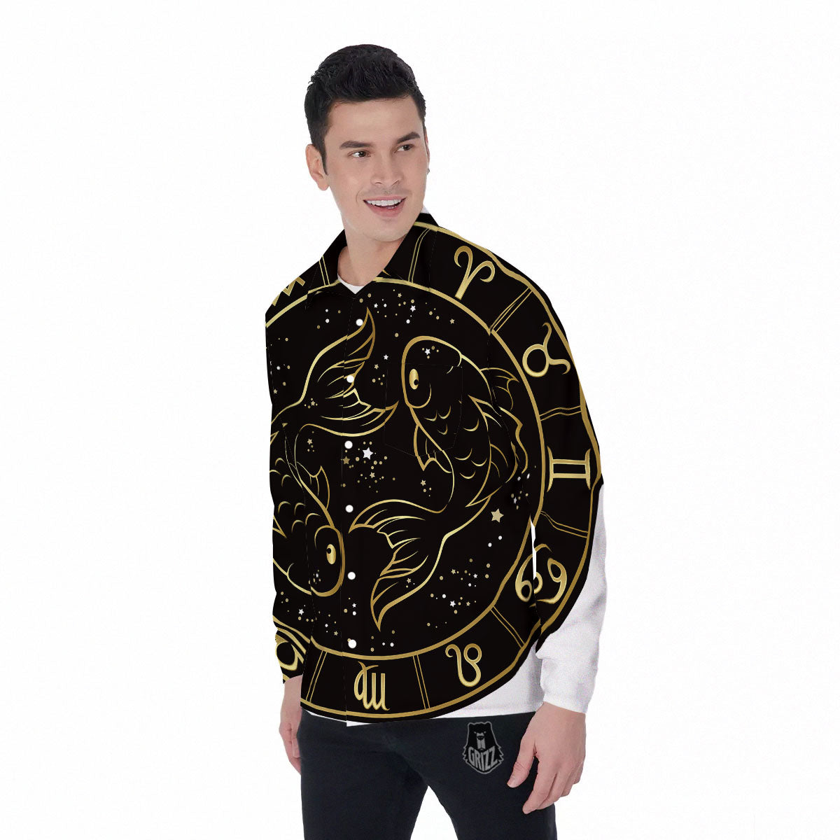 Pisces Sign Black And Gold Print Men's Long Sleeve Shirts-grizzshop