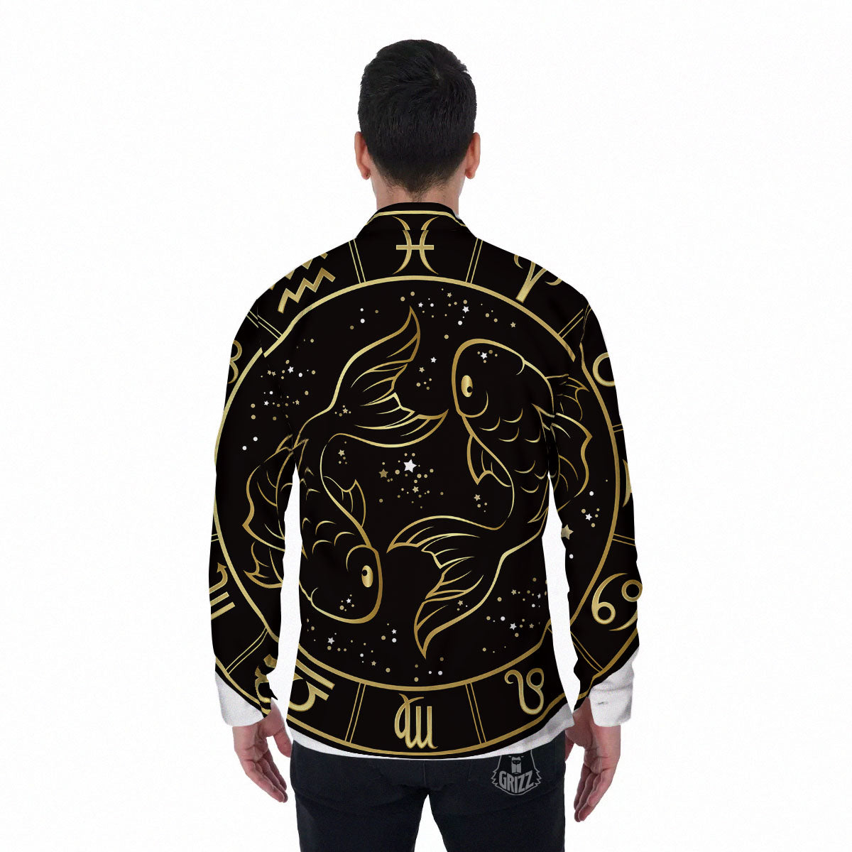 Pisces Sign Black And Gold Print Men's Long Sleeve Shirts-grizzshop