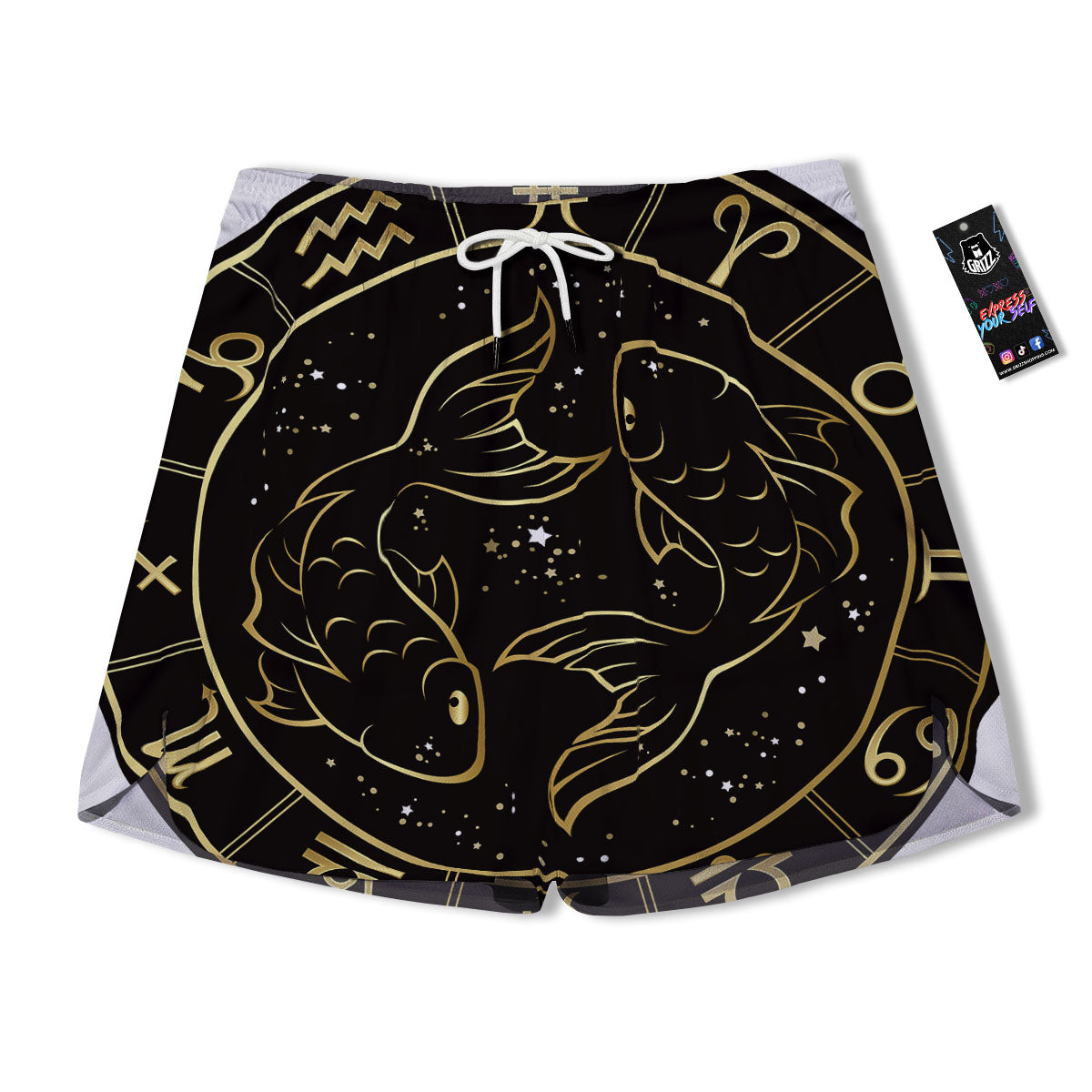 Pisces Sign Black And Gold Print Men's Running Shorts-grizzshop