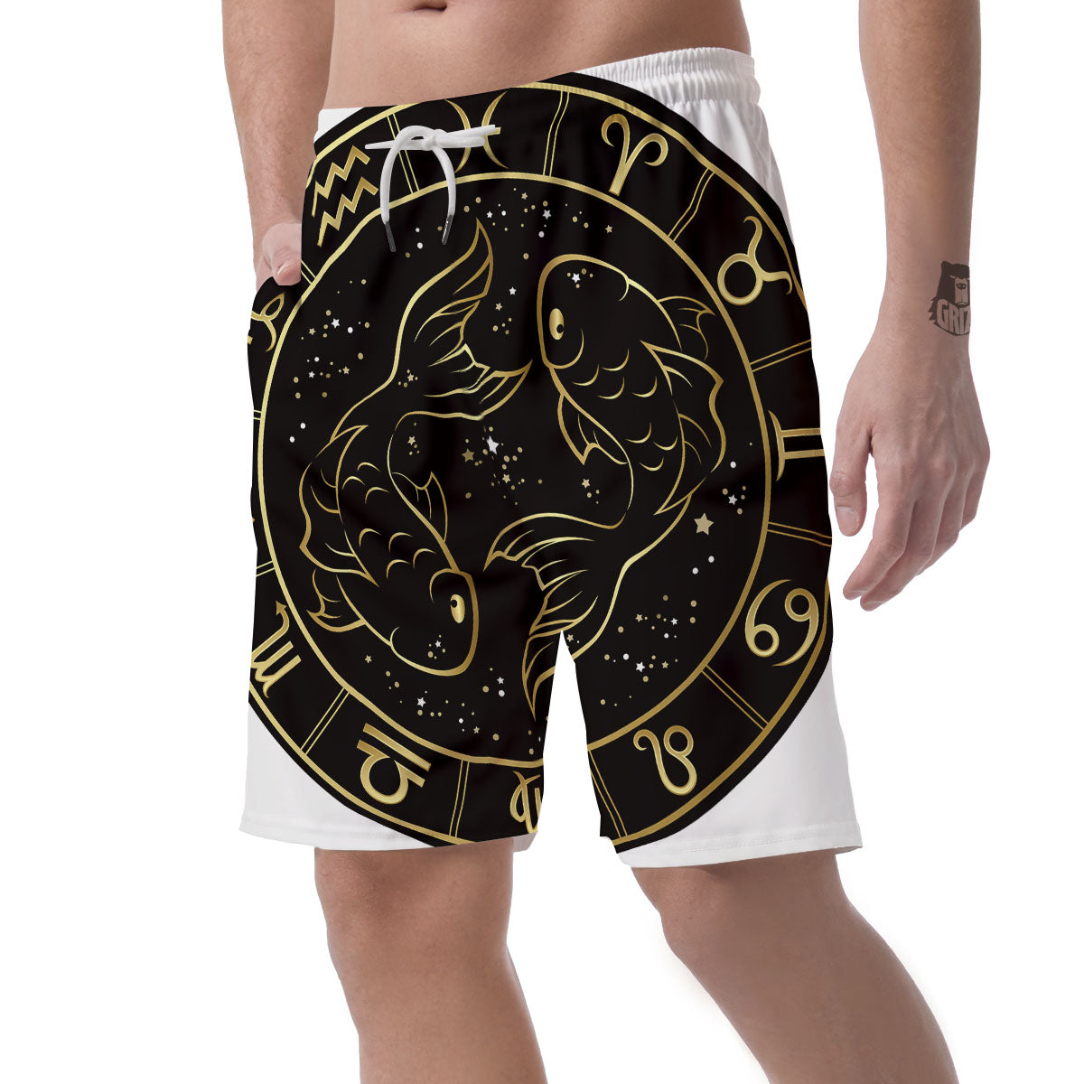 Pisces Sign Black And Gold Print Men's Shorts-grizzshop
