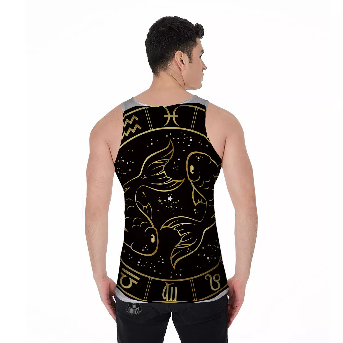 Pisces Sign Black And Gold Print Men's Tank Top-grizzshop
