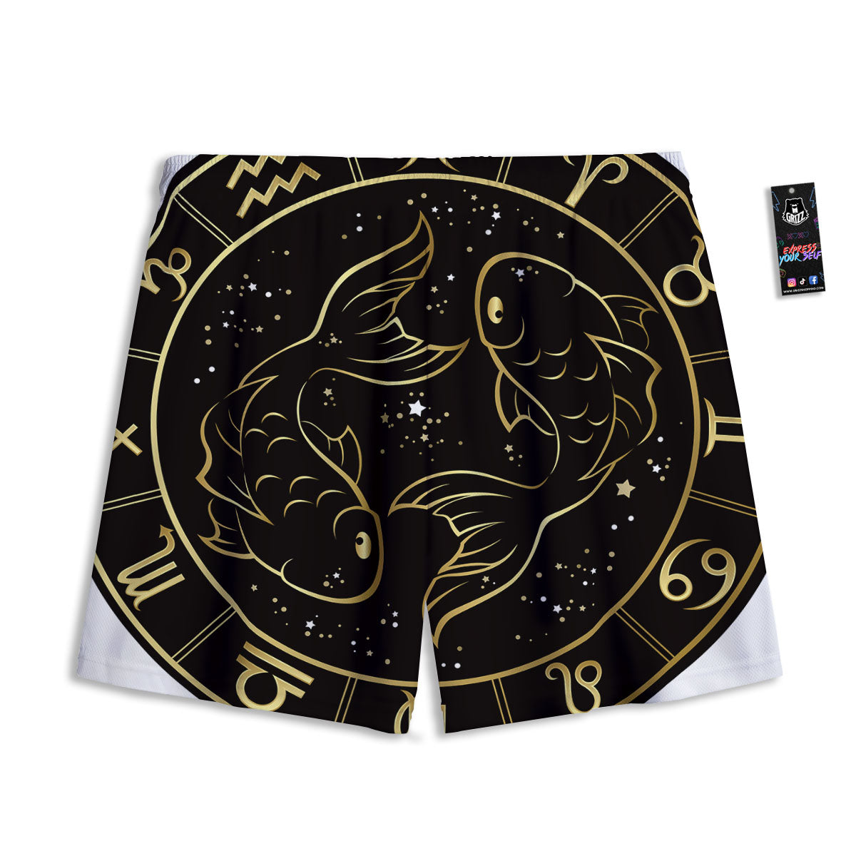 Pisces Sign Black And Gold Print Mesh Shorts