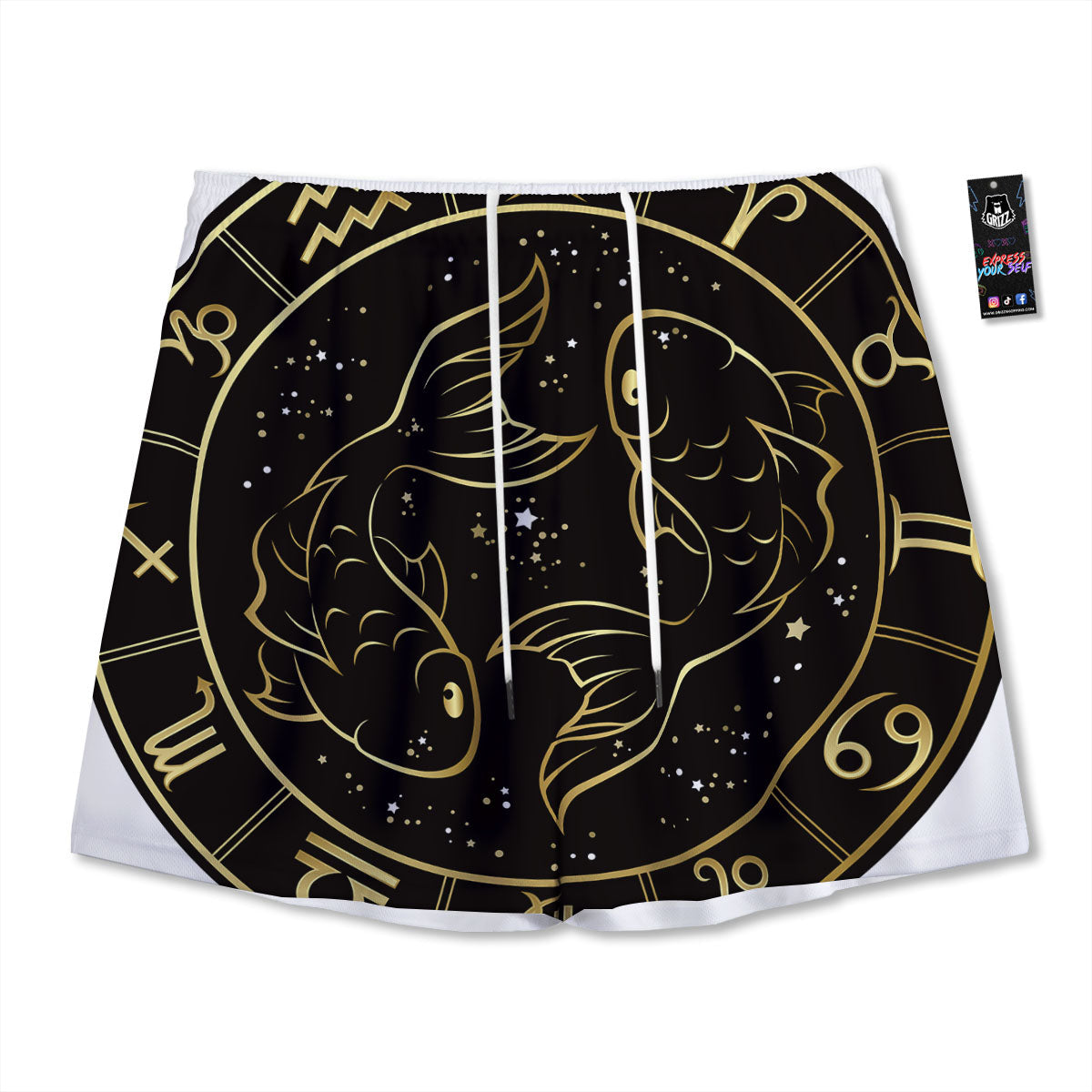 Pisces Sign Black And Gold Print Mesh Shorts