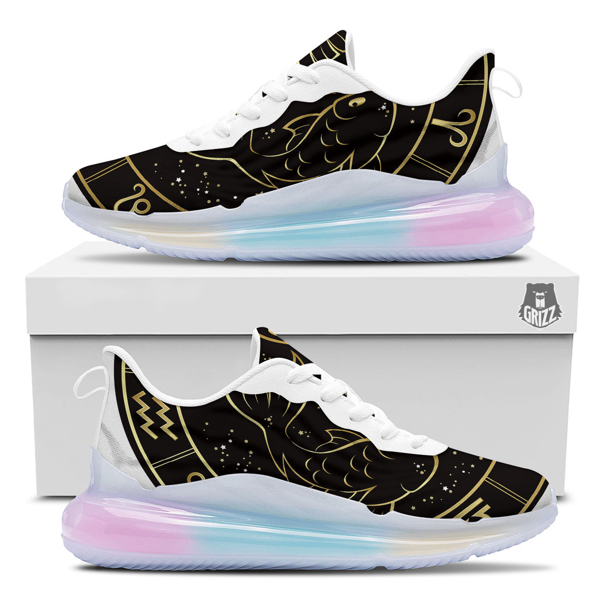 Pisces Sign Black And Gold Print Running Sneakers-grizzshop