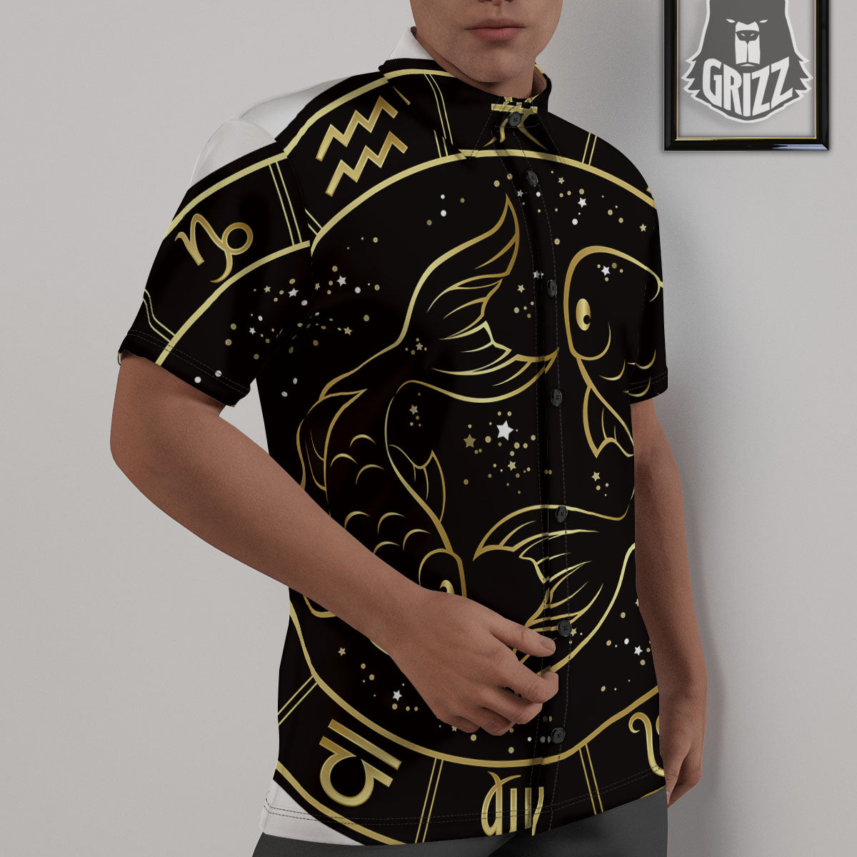 Pisces Sign Black And Gold Print Untucked Shirts-grizzshop