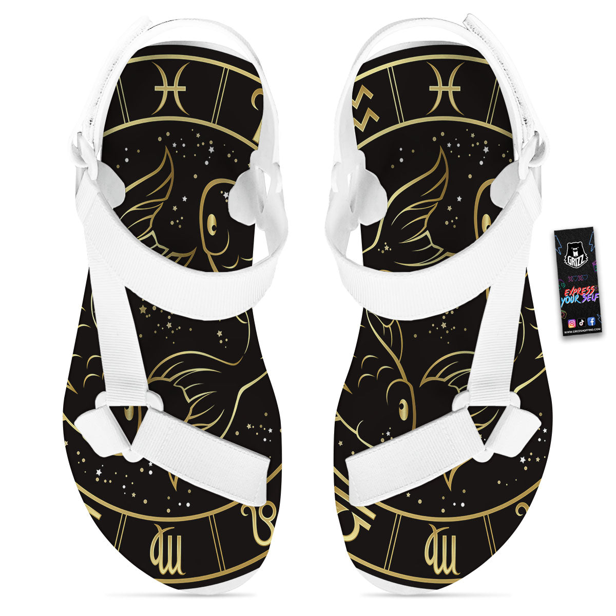 Pisces Sign Black And Gold Print White Open Toe Sandals-grizzshop