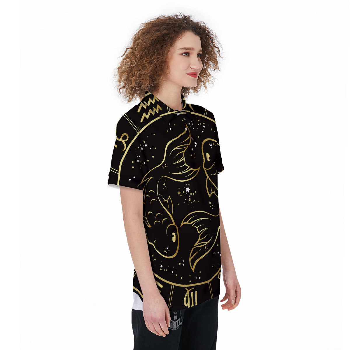 Pisces Sign Black And Gold Print Women's Golf Shirts-grizzshop