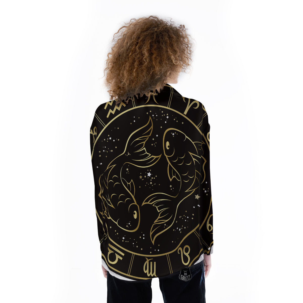 Pisces Sign Black And Gold Print Women's Long Sleeve Shirts-grizzshop