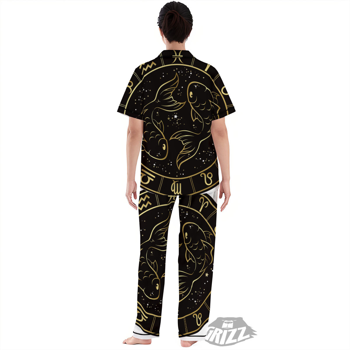 Pisces Sign Black And Gold Print Women's Pajamas Set-grizzshop