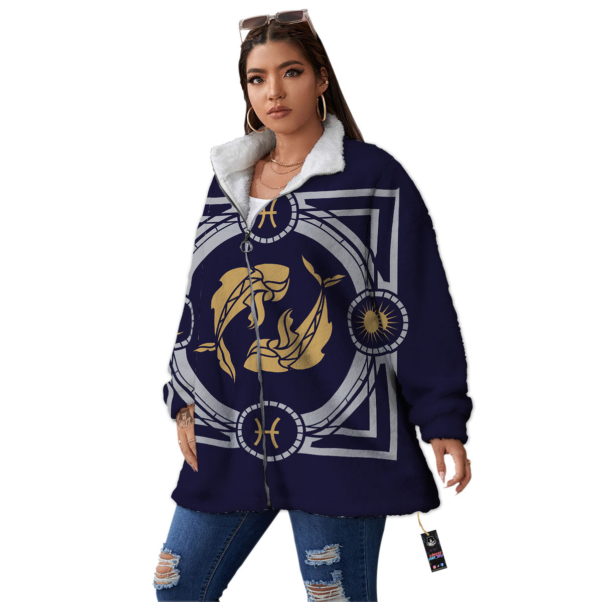 Pisces Sign Horoscope Print Women's Sherpa Jacket-grizzshop