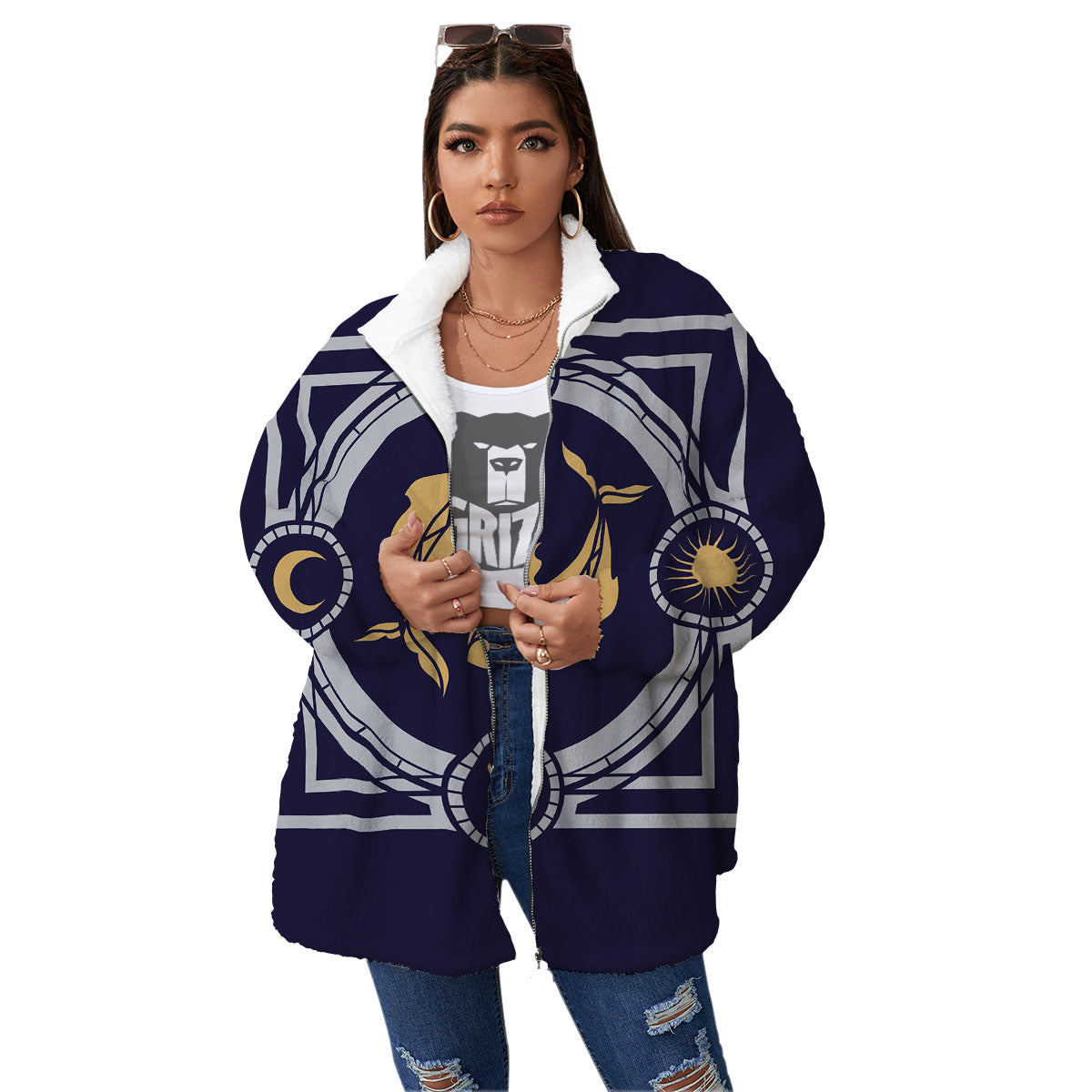 Pisces Sign Horoscope Print Women's Sherpa Jacket-grizzshop