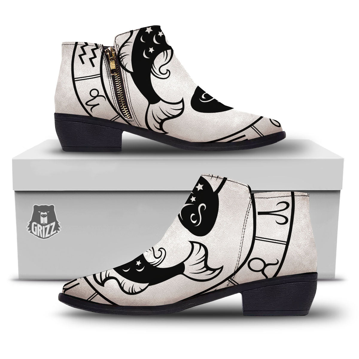 Pisces Sign White And Black Print Ankle Boots-grizzshop