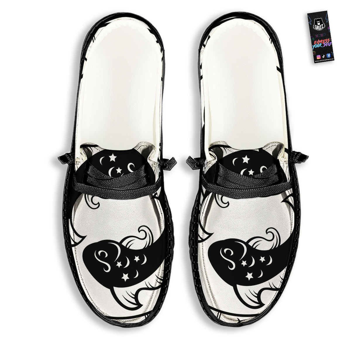 Pisces Sign White And Black Print Black Loafers-grizzshop