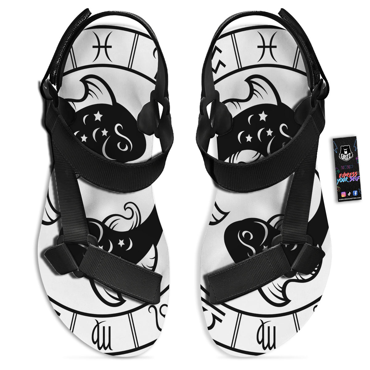 Pisces Sign White And Black Print Black Open Toe Sandals-grizzshop