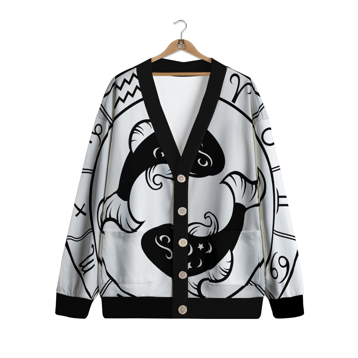 Pisces Sign White And Black Print Cardigan-grizzshop