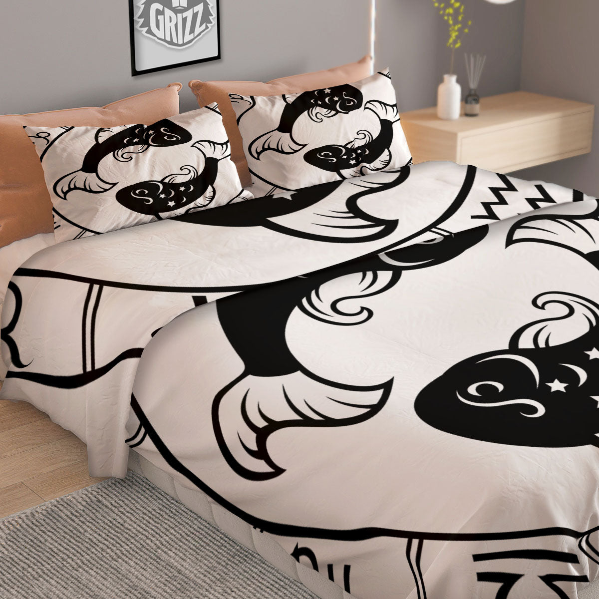 Pisces Sign White And Black Print Duvet Cover Bedding Set