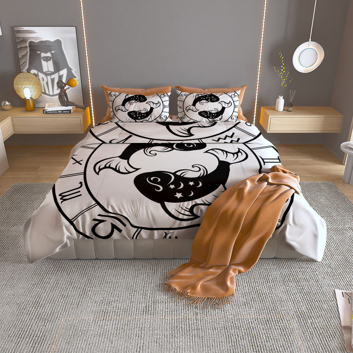 Pisces Sign White And Black Print Duvet Cover Bedding Set