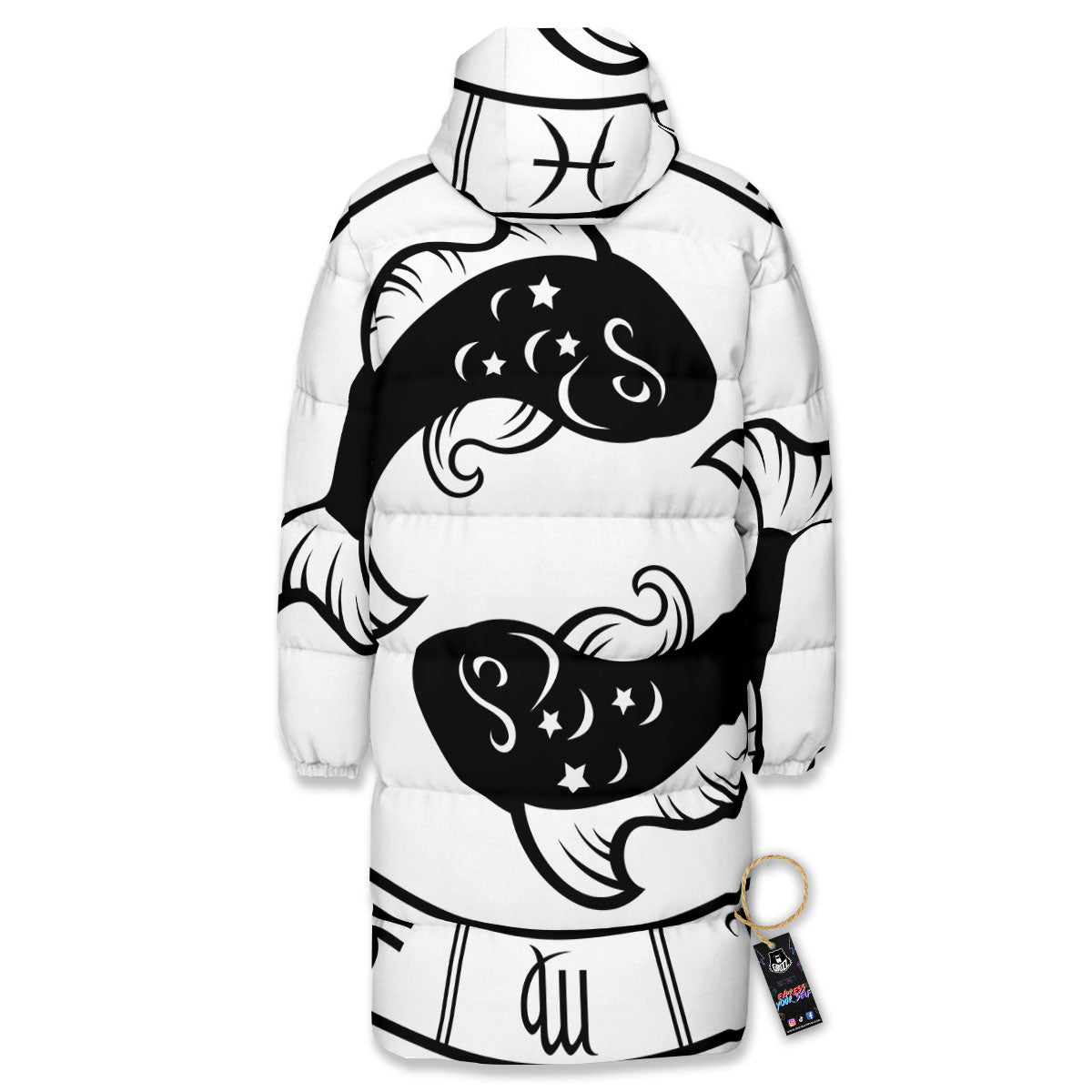 Pisces Sign White And Black Print Long Down Jacket-grizzshop