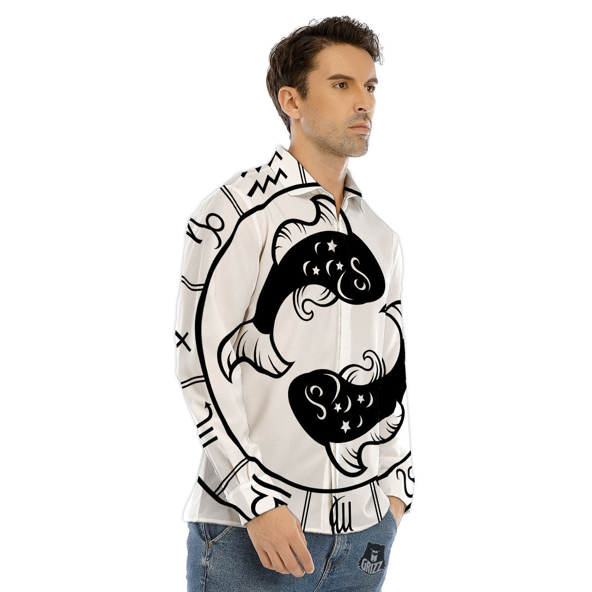 Pisces Sign White And Black Print Men's Dress Shirts-grizzshop
