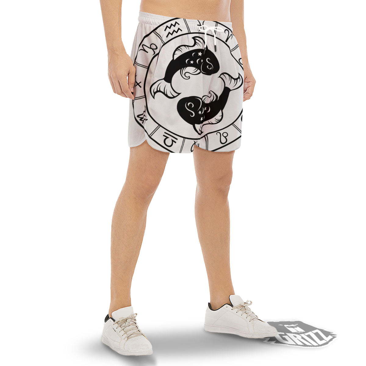 Pisces Sign White And Black Print Men's Gym Shorts-grizzshop