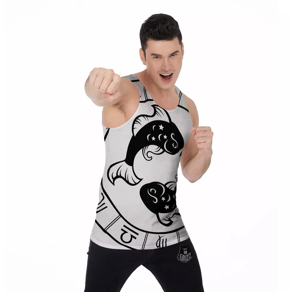 Pisces Sign White And Black Print Men's Tank Top-grizzshop