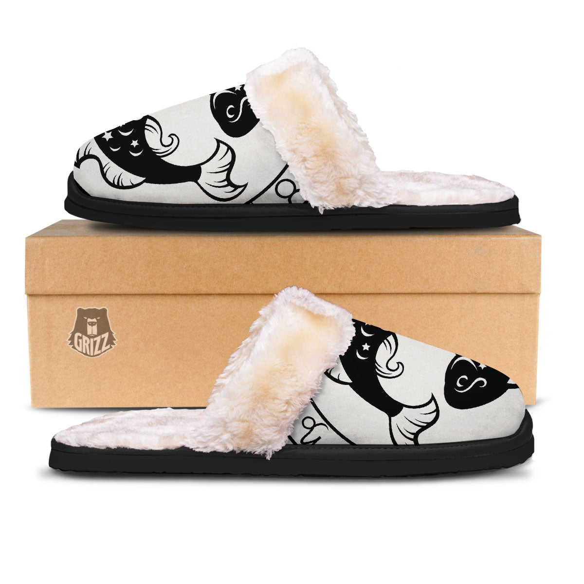 Pisces Sign White And Black Print Slippers-grizzshop