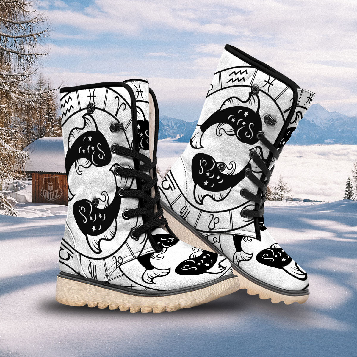 Pisces Sign White And Black Print Snow Boots-grizzshop