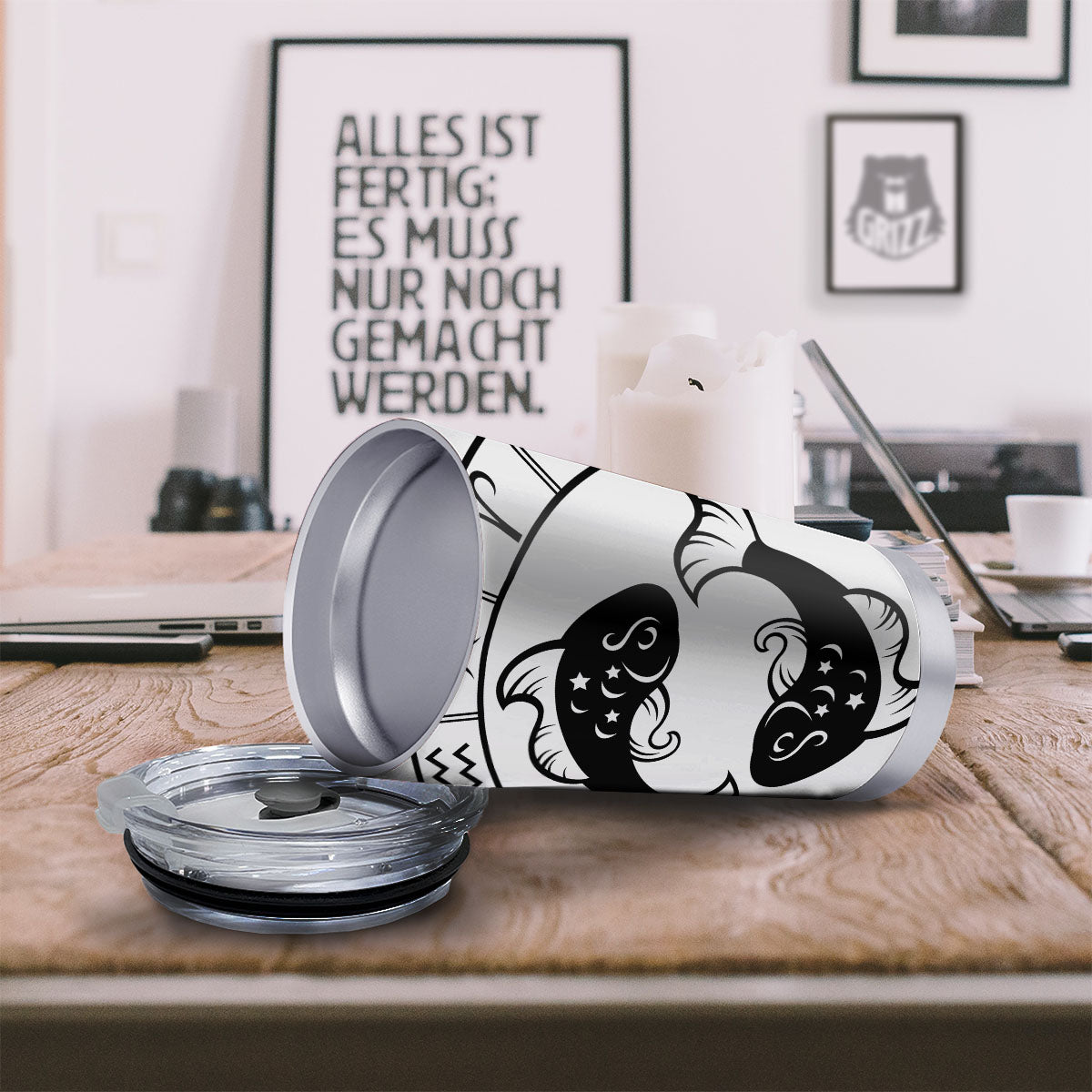 Pisces Sign White And Black Print Tumbler-grizzshop
