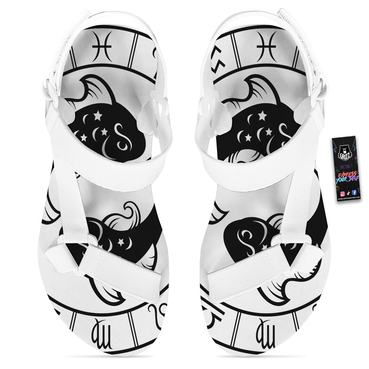 Pisces Sign White And Black Print White Open Toe Sandals-grizzshop