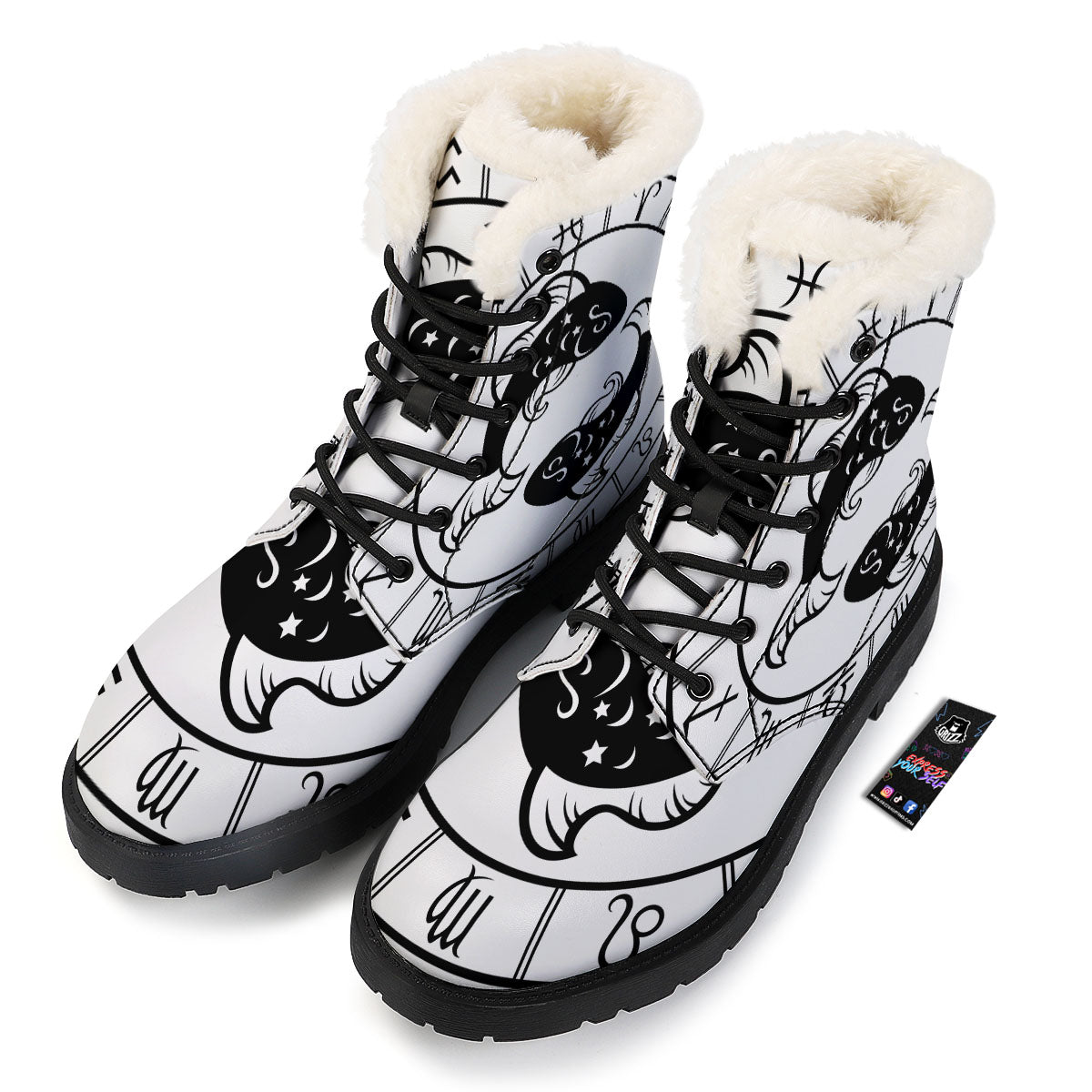 Pisces Sign White And Black Print Winter Boots-grizzshop