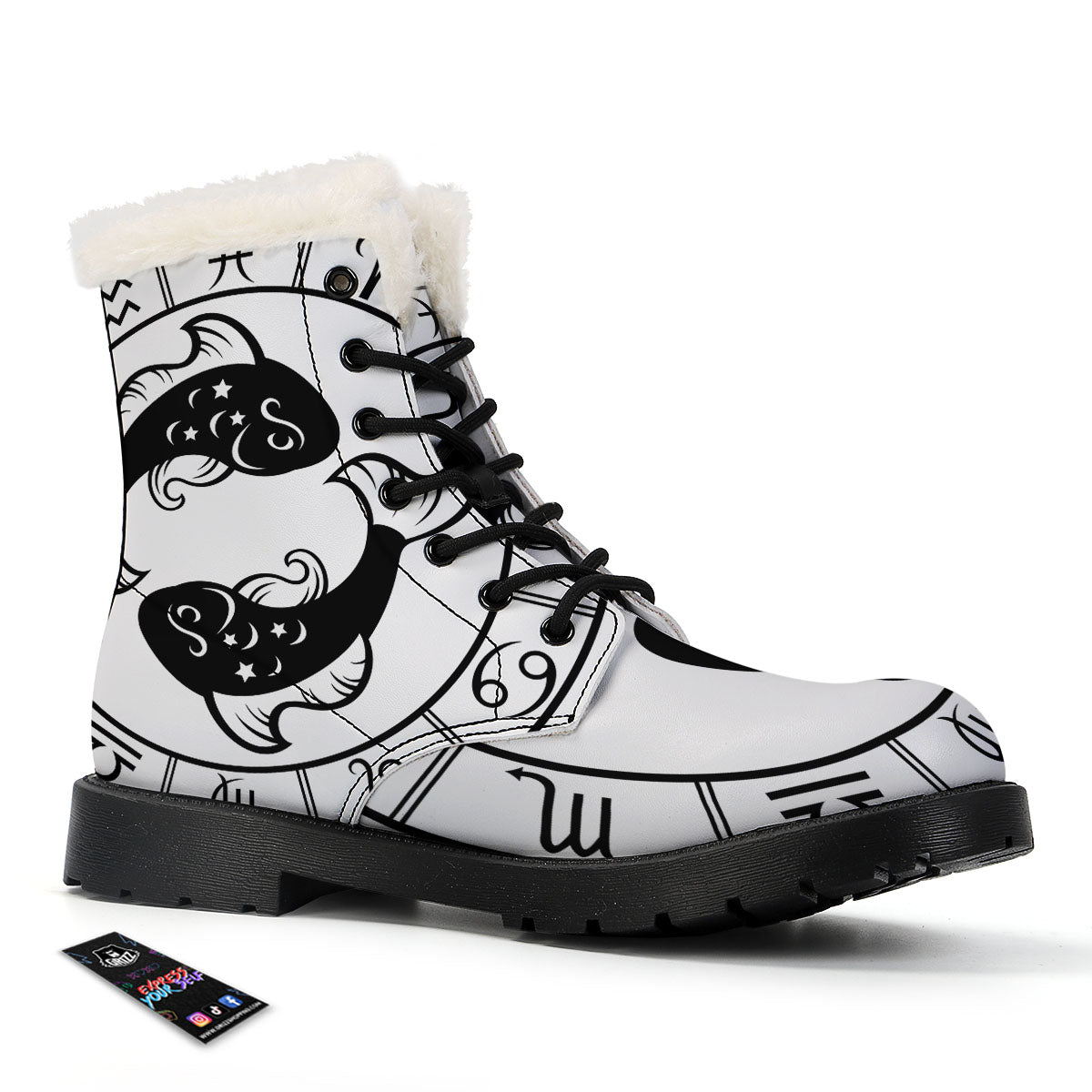 Pisces Sign White And Black Print Winter Boots-grizzshop