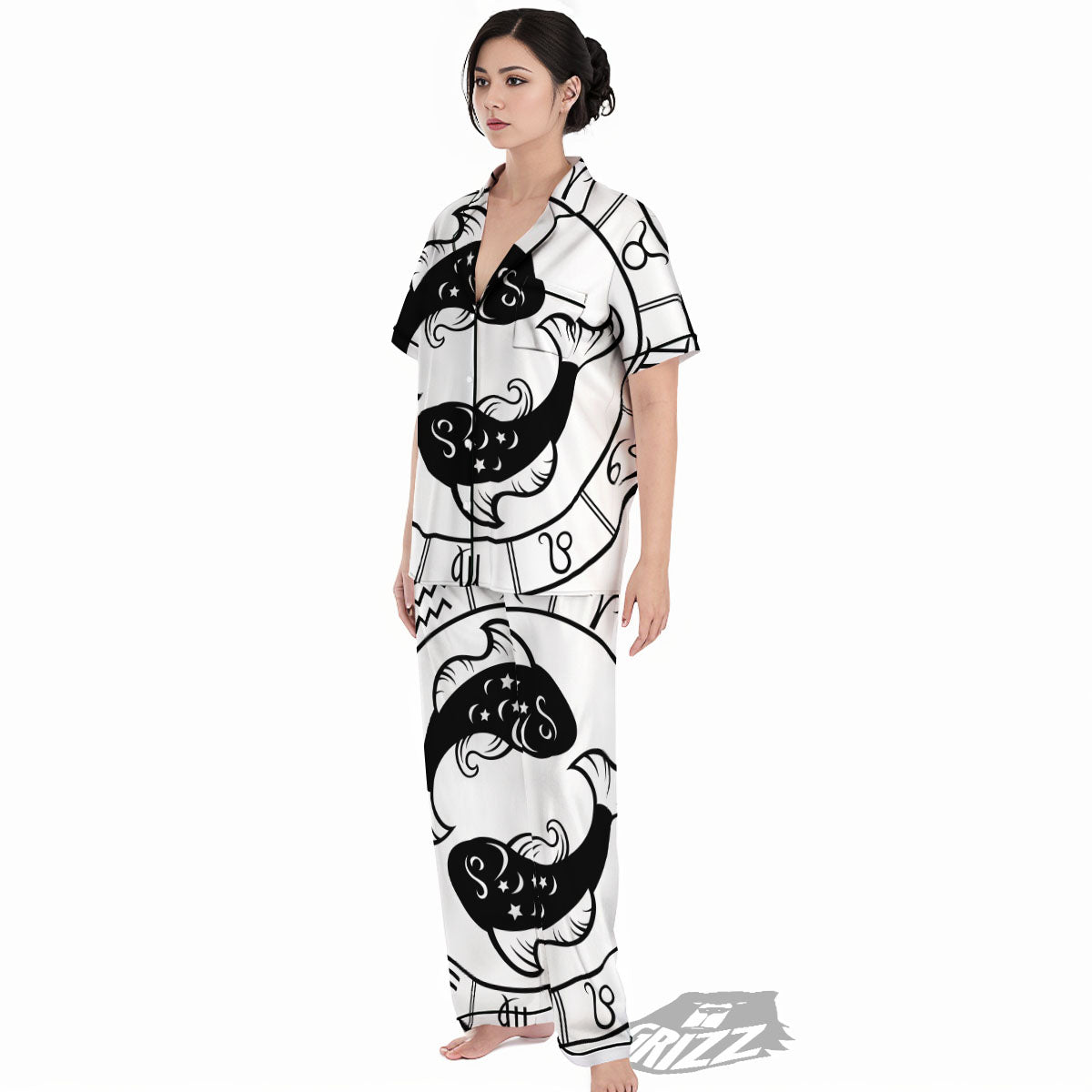 Pisces Sign White And Black Print Women's Pajamas Set-grizzshop
