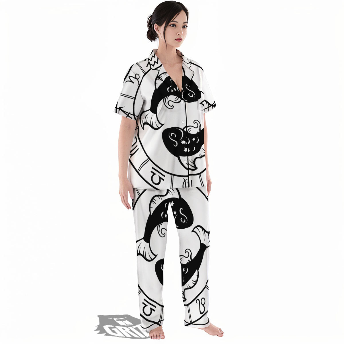 Pisces Sign White And Black Print Women's Pajamas Set-grizzshop