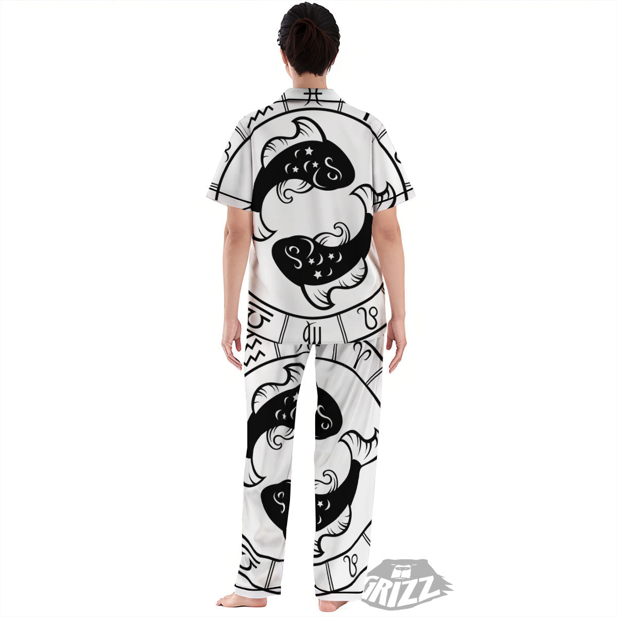 Pisces Sign White And Black Print Women's Pajamas Set-grizzshop