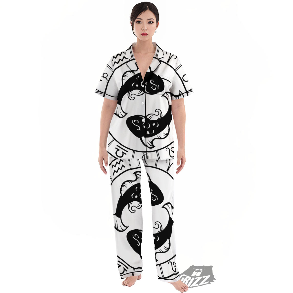 Pisces Sign White And Black Print Women's Pajamas Set-grizzshop