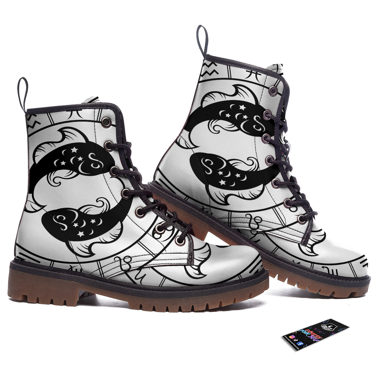 Pisces Sign White And Black Print Work Boots-grizzshop