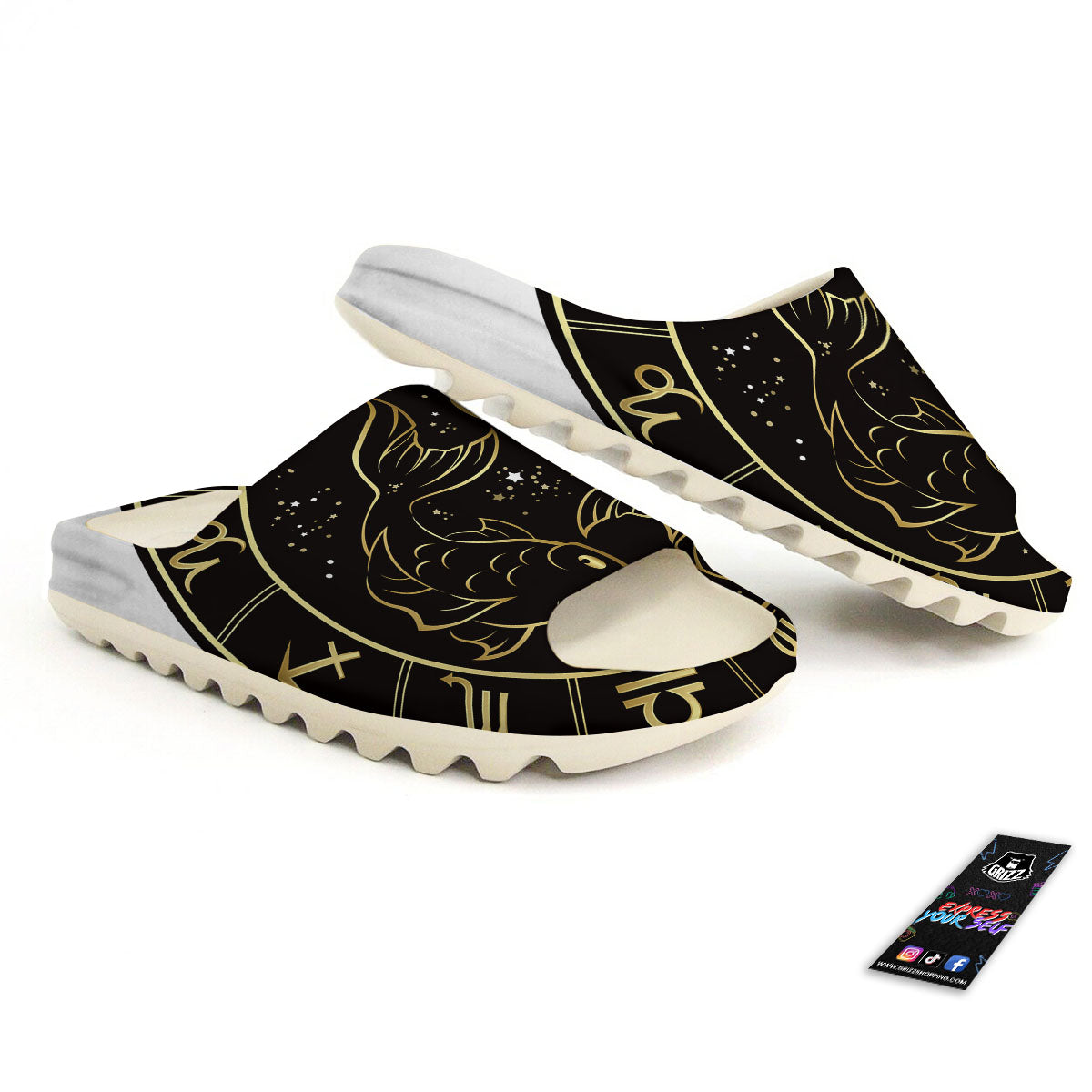 Pisces Sign Black And Gold Print Sandals-grizzshop
