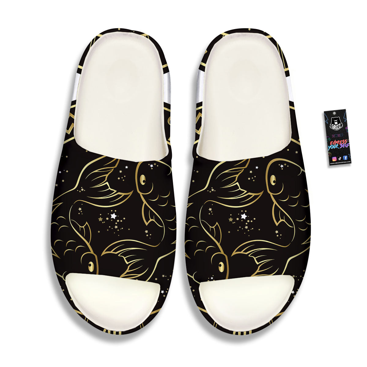 Pisces Sign Black And Gold Print Sandals-grizzshop
