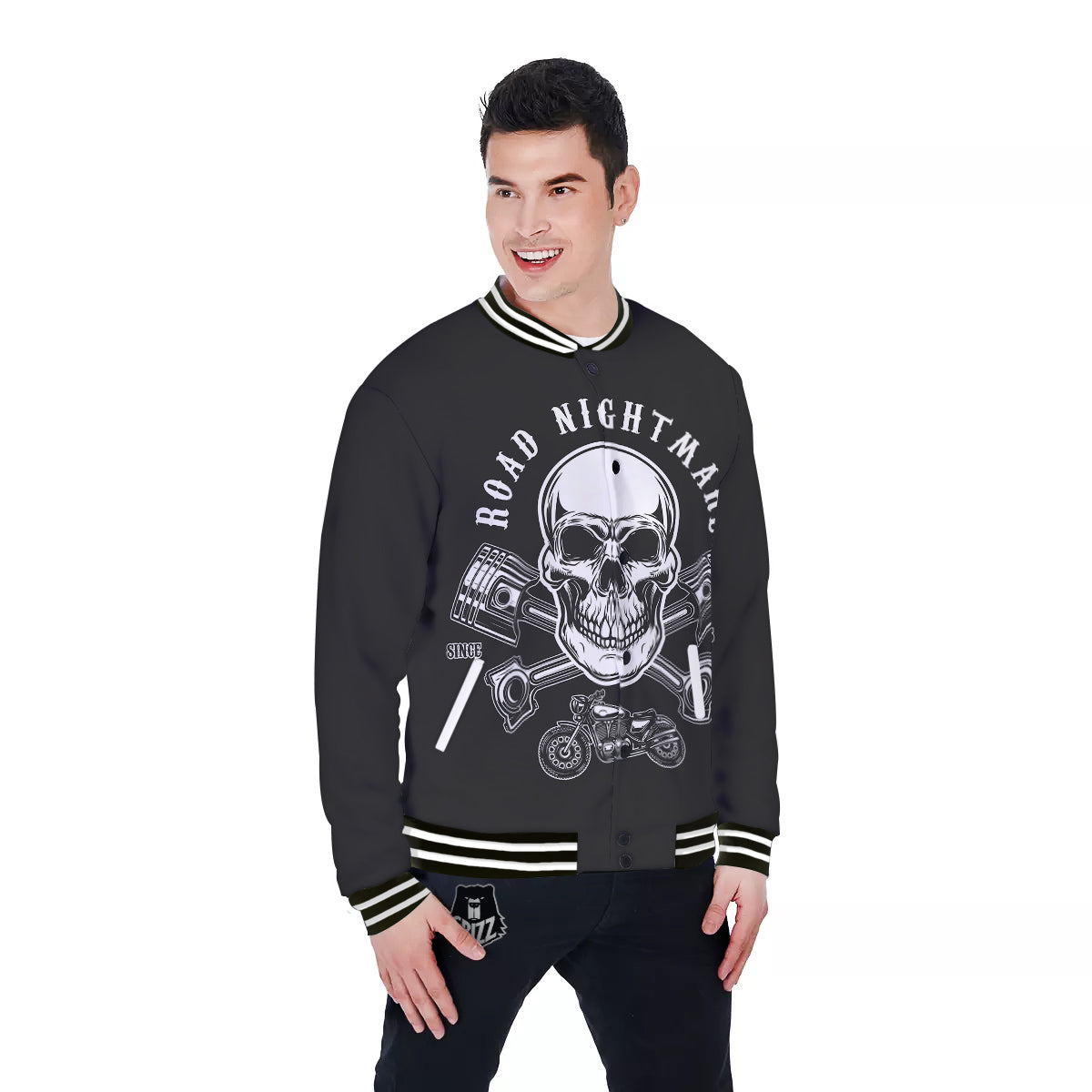 Piston Skull Mechanic Cross Print Baseball Jacket-grizzshop